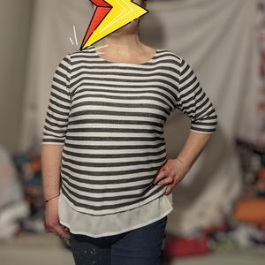 Grey/white striped top, zipper back Maria Gabrielle, layered look, layers, sheer